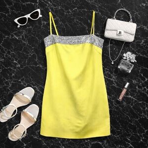 NWT LBV. Neon Citrus Crepe Cocktail Dress w/ Crystal Mesh Trim